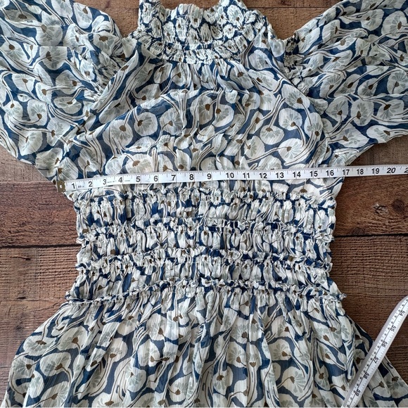 REBECCA TAYLOR Deco Fleur Silk Midi Dress Ruched High Neck Smock Waist Blue Sz 4 - Picture 13 of 14